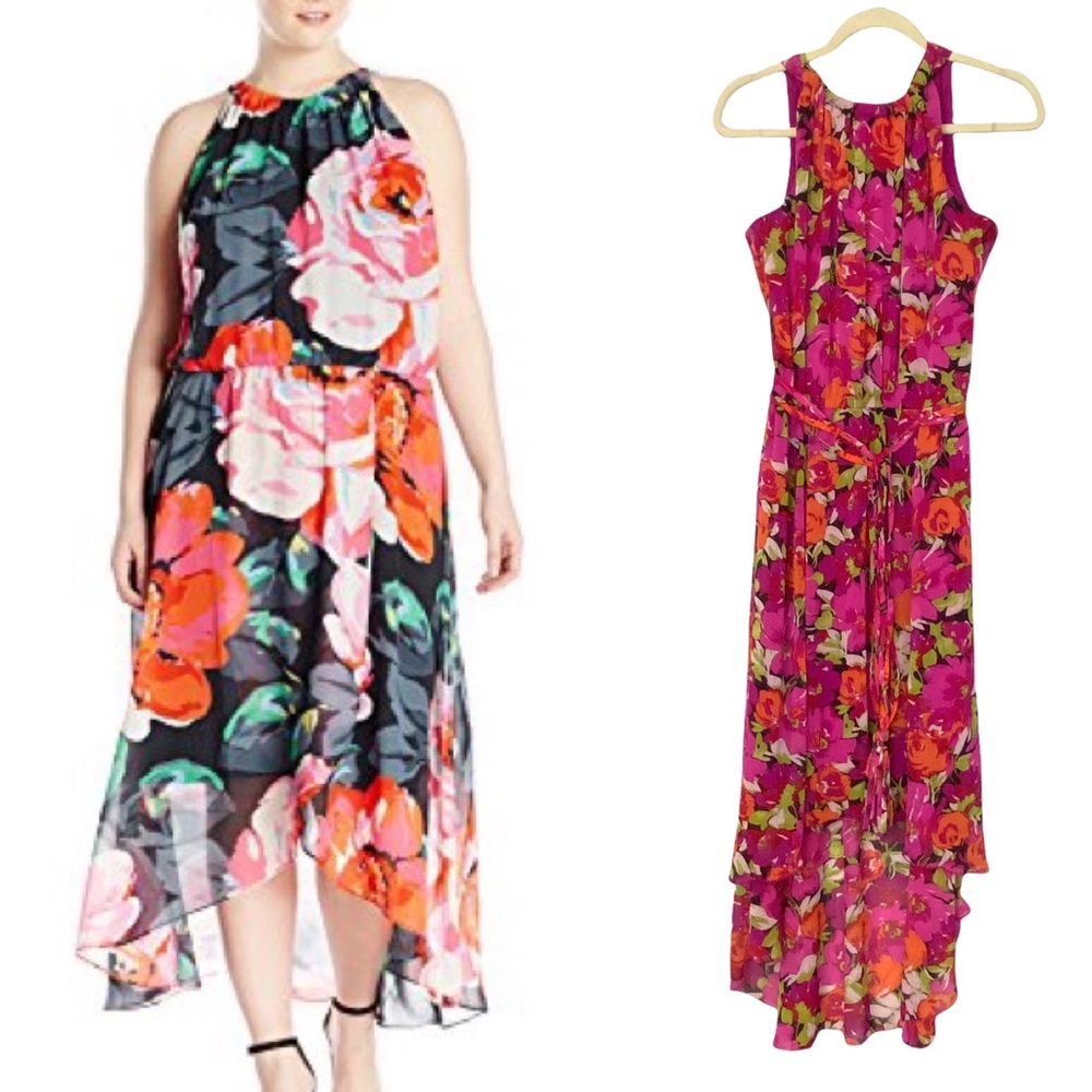 MSK Halter Neck Hi-Low Pink Floral Midi Maxi Dress